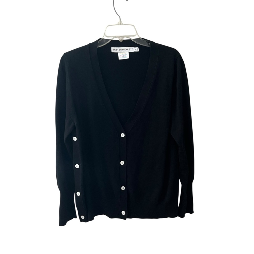 Gretchen Scott Black V Neck Black Cardigan White Button Detail Medium
